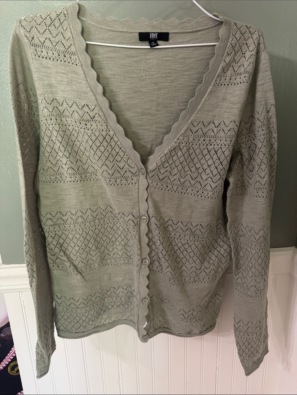 Frye Lightweight Sage Green Eyelet Knit Button Cardigan Scalloped Medium